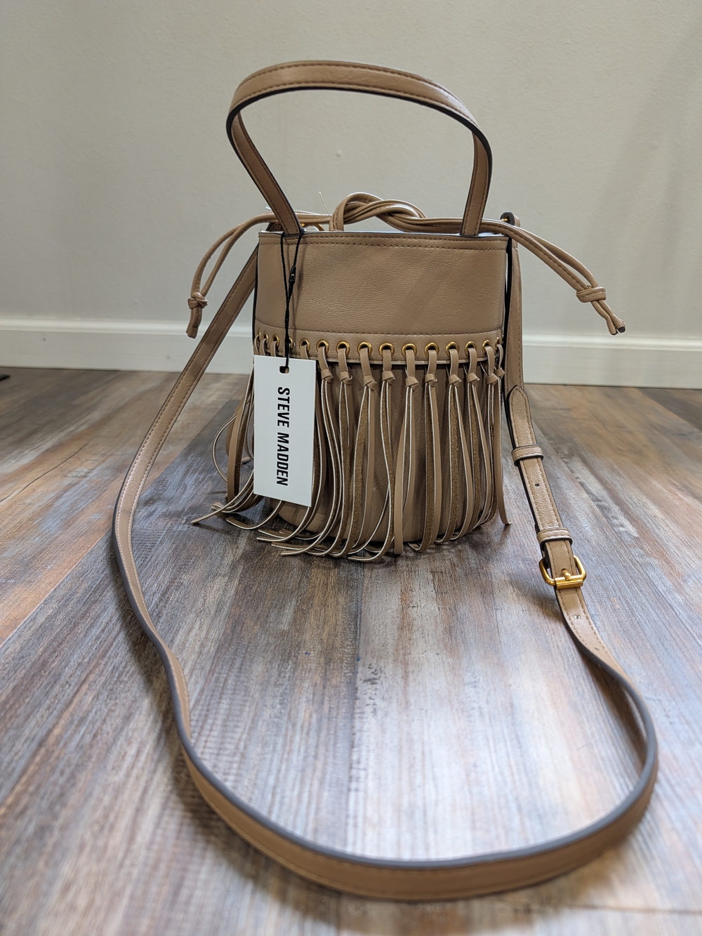 Steve Madden Beige Fringe Bucket Crossbody Bag